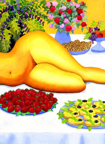 painting of fruitplates, cookies, flowers, and a nude hip